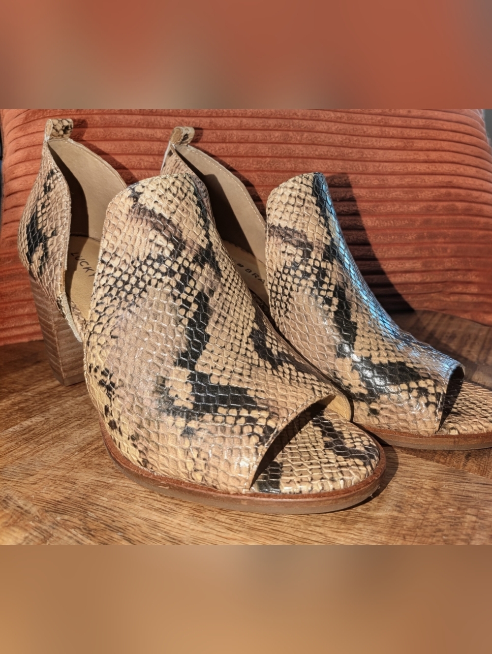 Lucky Brand Taupe Snake-Print Peep-Toe Block Heel Mules